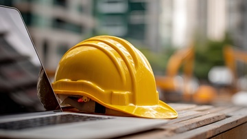 Yellow Hard Hat and Laptop in front of construction site
