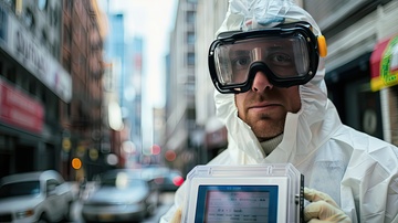 Man in white PPE and safety goggle holding an air testing monitor