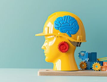 Yellow head with blue brain model with safety helmet