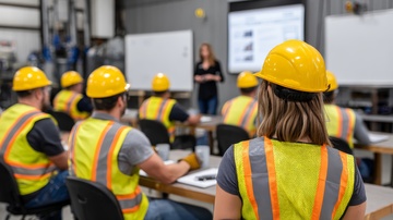 Construction Workers attending a meeting, looking at presenter