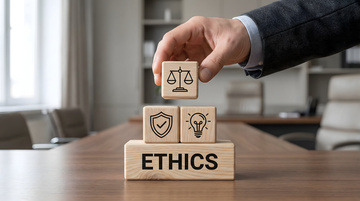 Building Blocks of Ethics stacked by arm dressed in a suit Building Blocks of Ethics stacked by arm dressed in a suit