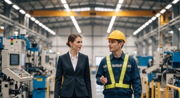 Factory worker explaining to manager while walking through manufacturing plant Factory worker explaining to manager while walking through manufacturing plant
