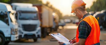 Safety worker with clipboard looking a fleet of trucks