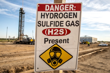 Danger: Hydrogen Sulfide Gas sign in front of construction site Danger: Hydrogen Sulfide Gas sign in front of construction site