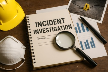 Incident Investigation report with PPE and magnifying glass