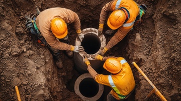 Construction workers placing stormwater culverts Construction workers placing stormwater culverts