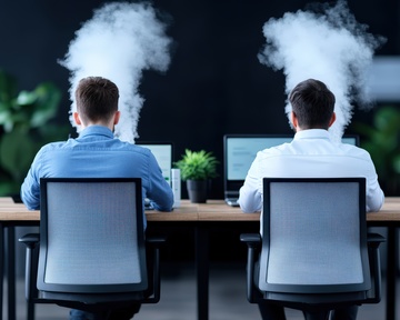 Two employees sitting at desk vaping