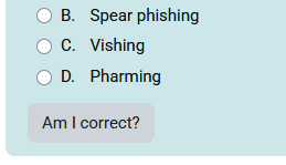 Am I correct? button snip from the answer area of a question in the Learning Center