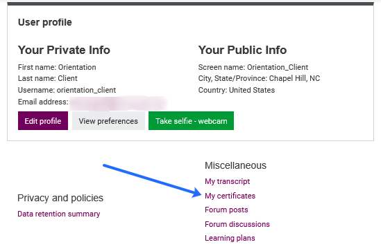 profile details - view certificactes link highlighted