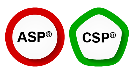 ASP letters in red circle and CSP in green pentagon